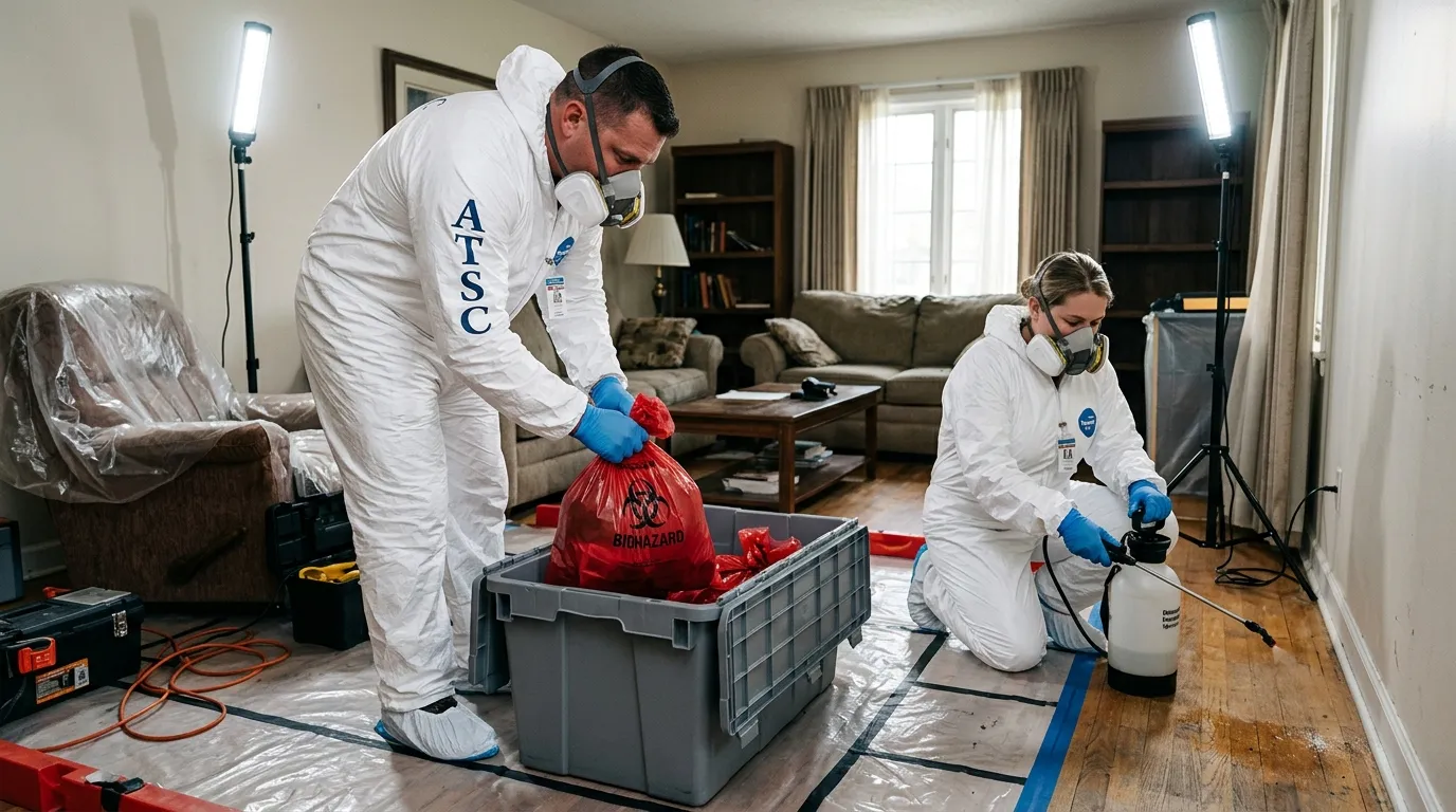 Professional Biohazard Cleanup technician in full PPE working in Cranberry Township